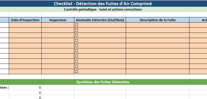 Détection et Gestion des Fuites d’Air Comprimé : modèle Excel Checklist