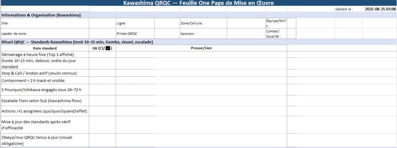 Modèle Excel Organisation de la démarche Kawashima QRQC avec mini-dashboard (jauge + Pareto)