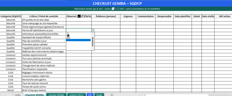 Gemba Kaizen avec checklist : Modèle Excel - passer du « go & see » aux résultats, sans lourdeur