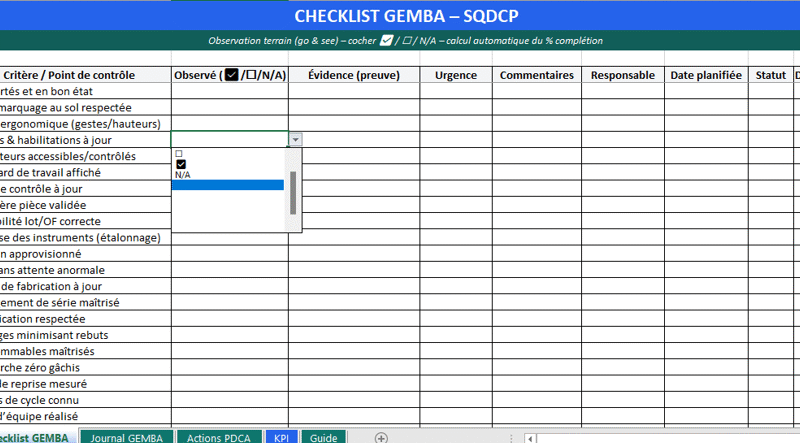 Gemba Kaizen avec checklist : Modèle Excel - passer du « go & see » aux résultats, sans lourdeur