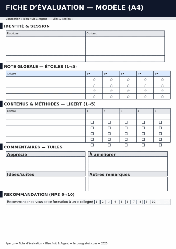 Fiche d’évaluation de formation : modèles téléchargeable — trame prête à l’emploi et critères d’évaluation
