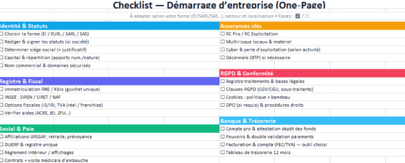 Démarrage légal d’entreprise : checklist + modèle Excel pratique