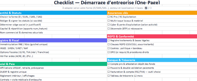 Démarrage légal d’entreprise : checklist + modèle Excel pratique