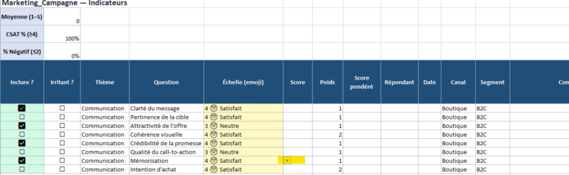 Outil Excel « Questionnaire de satisfaction multi-secteurs » — guide détaillé (cases à cocher, couleurs, KPI auto)