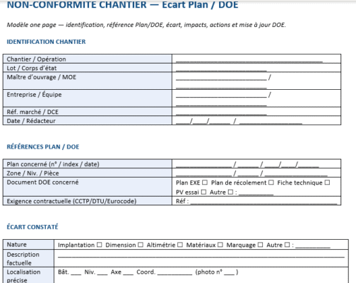 Non-Conformité Chantier — DOE (définition), Écart au plan, méthode & modèles Word