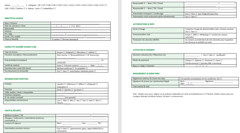 Version papier vs. formulaire en ligne Fiche d’inscription Club de football : modèle Word à télécharger