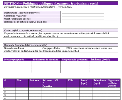 Modèles de feuille de pétition vierge à imprimer — Politiques publiques, à thèmes