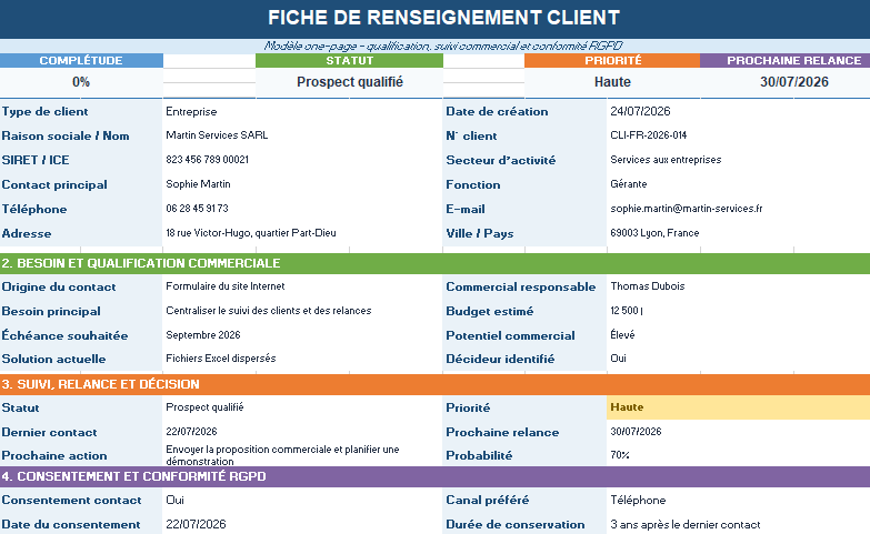 FICHE DE RENSEIGNEMENT CLIENT - Excel