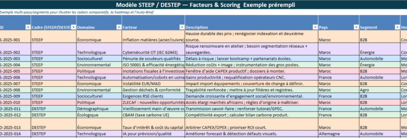 STEEP/DESTEP Excel : Modèle Excel Vierge + Exemple prérempli - la veille éclatée à des décisions comparables