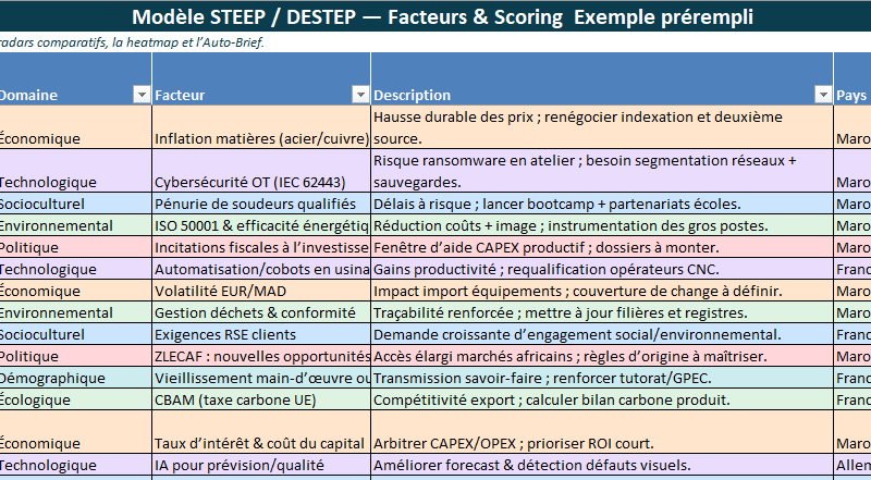 STEEP/DESTEP Excel : Modèle Excel Vierge + Exemple prérempli - la veille éclatée à des décisions comparables