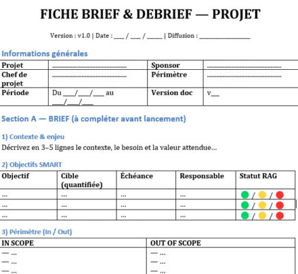 Fiche Brief & Debrief Projet : Modèle Word + Version Imprimable