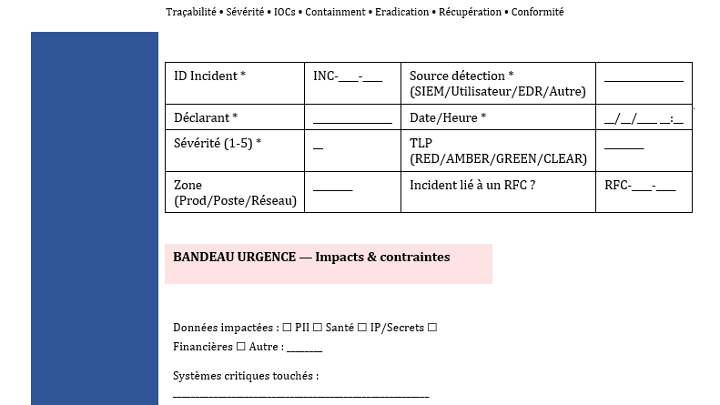 Fiche Incident Sécurité SI (ISO 27001 / SOC) : Modèle Word