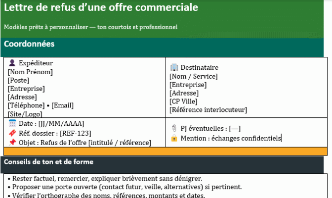 Refuser une offre commerciale par lettre : Trame à suivre ( Modèle Word)