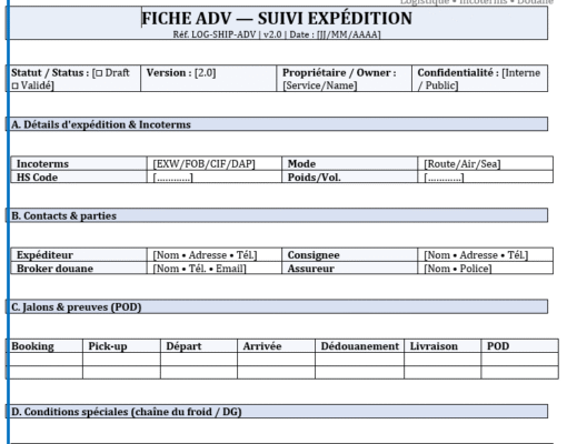 SUIVI EXPÉDITION — FICHE UTILE (4 modèles opérationnels Excel et Word + check-list)