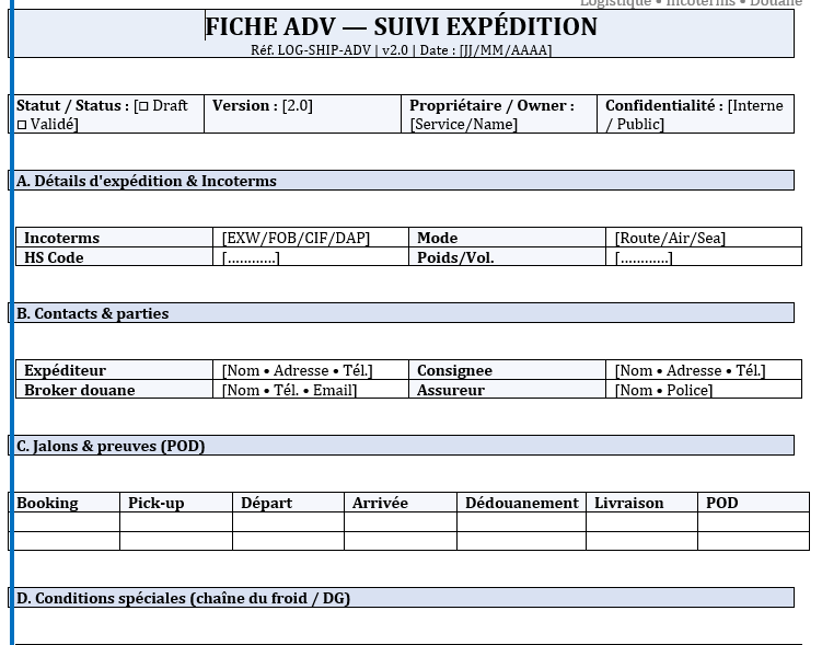SUIVI EXPÉDITION — FICHE UTILE (4 modèles opérationnels Excel et Word + check-list)
