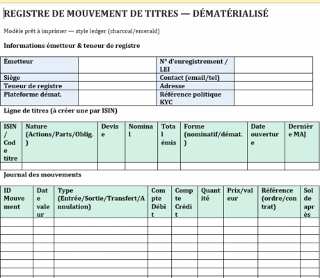 Registre de mouvement de titres dématérialisé — modèle Word et Excel, de la théorie à l’opérationnel