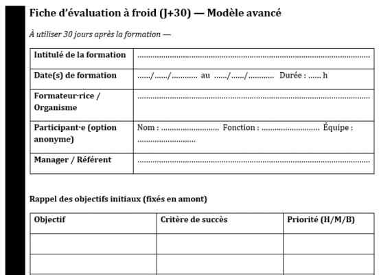 Fiche d’évaluation à froid (J+30) Word — mesurer le transfert réel après la formation