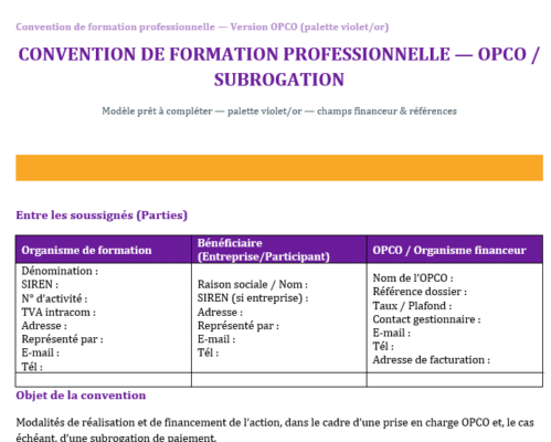 CONVENTION DE FORMATION PROFESSIONNELLE — OPCO / SUBROGATION