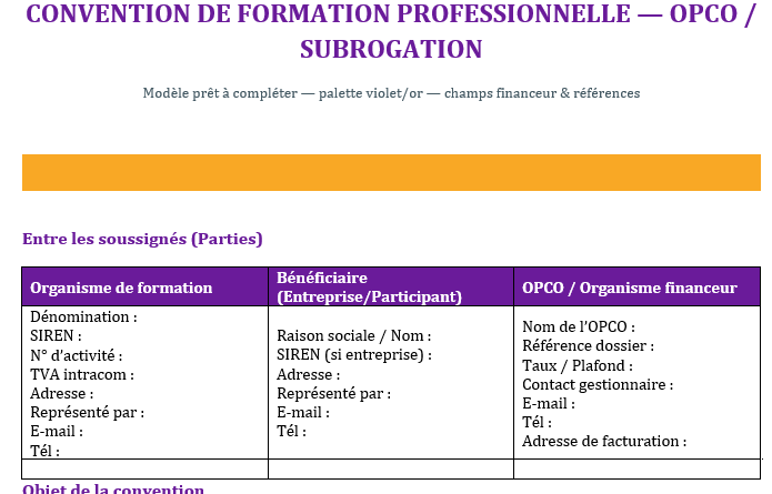 CONVENTION DE FORMATION PROFESSIONNELLE — OPCO / SUBROGATION