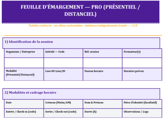 Feuille d’émargement — Modèle Word conforme (présentiel & distanciel)