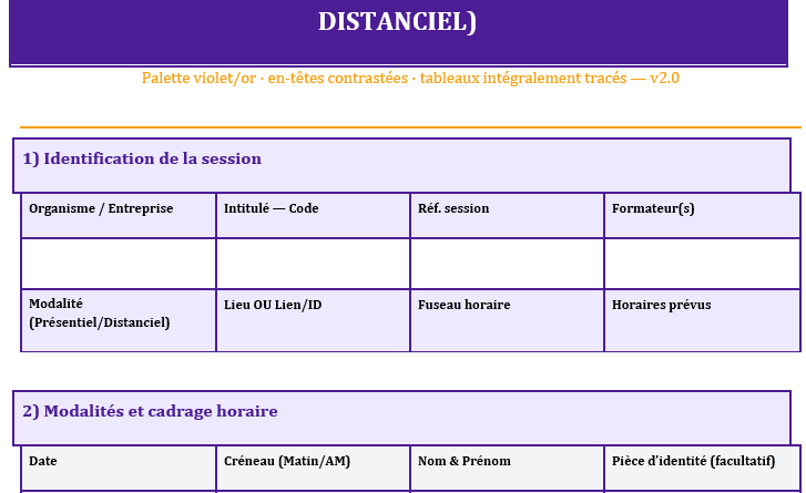Feuille d’émargement — Modèle Word conforme (présentiel & distanciel)