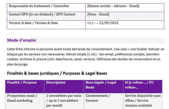 Fiche « Consentement & Données » : modèles Word