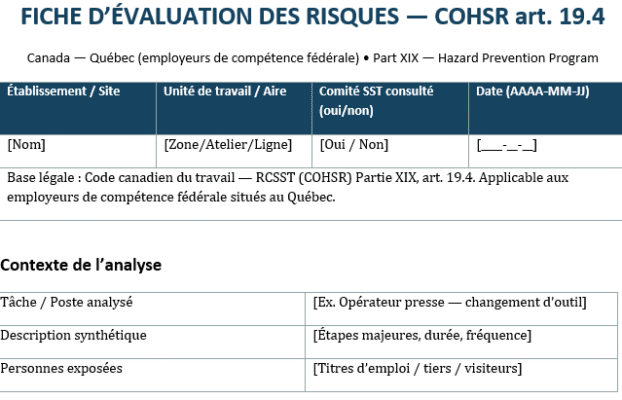 Fiche d’Évaluation des Risques — COHSR art. 19.4 : Modèle Téléchargeable