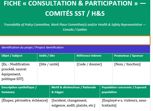 Fiche « Consultation & participation » — Comités SST (Canada — Québec, compétence fédérale)