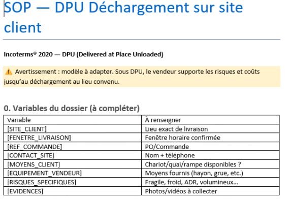 Incoterms 2020 : SOP DPU : déchargement sur site client (guide détaillé 2026)