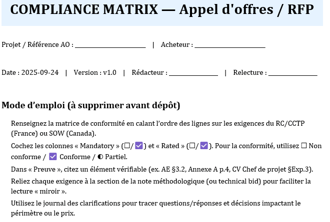Matrice de conformité Excel et Word (Compliance Matrix) — l’outil qui fait gagner vos appels d’offres