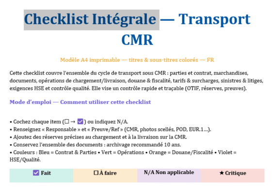 Guide - Transport CMR : Checklist Intégrale, Les erreurs qui font mal, calculs à réussir + Calculateur Excel