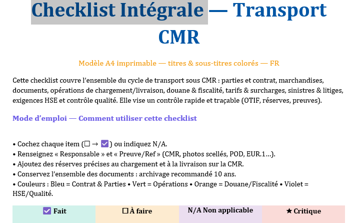 Guide - Transport CMR : Checklist Intégrale, Les erreurs qui font mal, calculs à réussir + Calculateur Excel
