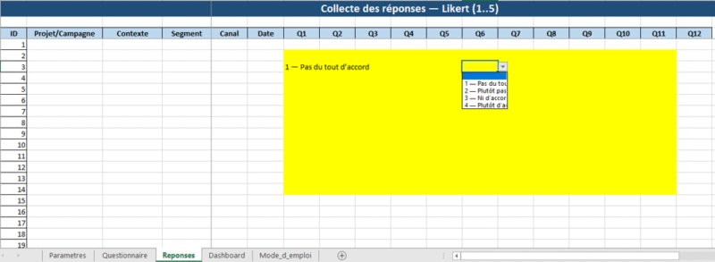 Modèle Likert multi-contextes dans Excel( Vierge dynamique) : mesurer, comparer et décider… sans douleur