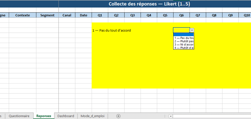 Modèle Likert multi-contextes dans Excel( Vierge dynamique) : mesurer, comparer et décider… sans douleur