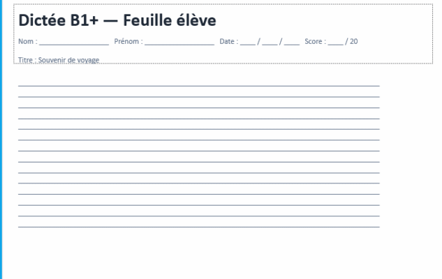 Dictées imprimables + grille de correction (A2→B2)