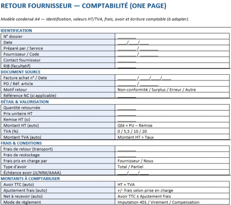 Comptabilité Retour fournisseur : la fiche Excel qui sécurise vos montants et vos écritures