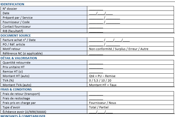 Comptabilité Retour fournisseur : la fiche Excel qui sécurise vos montants et vos écritures