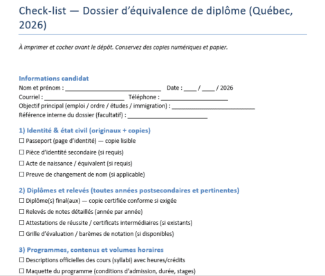 Check‑list — Dossier d’équivalence de diplôme (Québec, 2026)