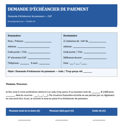 Demande d'Échéancier de Paiement à la CAF - Modèle