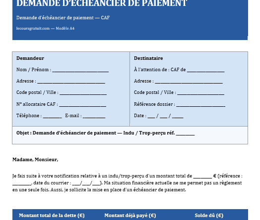 Demande d'Échéancier de Paiement à la CAF - Modèle