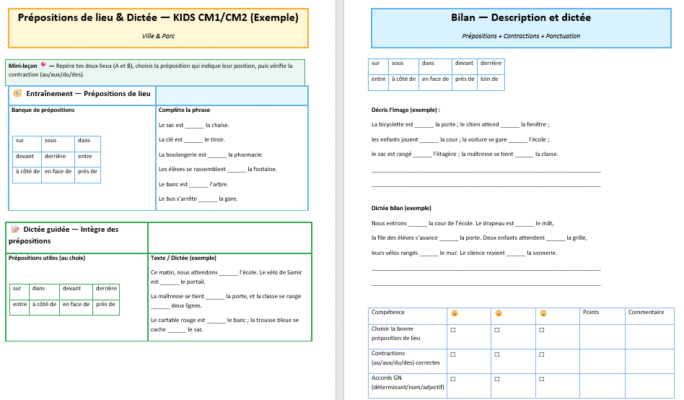 Prépositions de lieu & dictée : en classe, le duo qui fait écrire mieux : Fiche activités à Imprimer