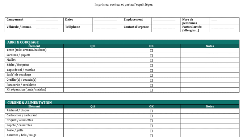 Checklist Camping à Imprimer — le guide complet pour partir serein