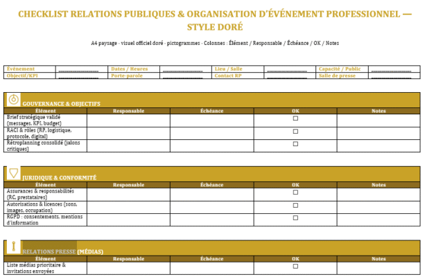 Modèle Word Checklist RP & Événement Professionnel à Imprimer