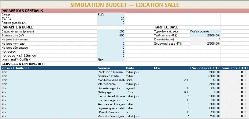 Modèle Excel Checklist & Simulation Budget pour la location d’une salle d’événement professionnel