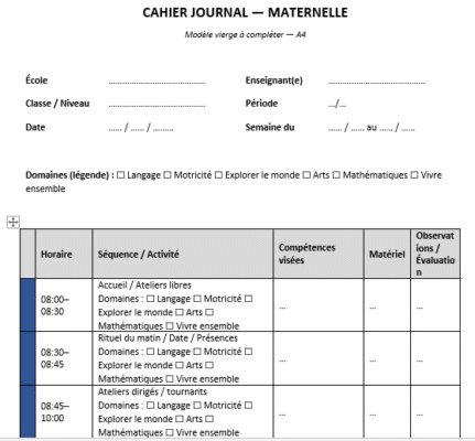 Cahier journal en maternelle Word à remplir : pourquoi et comment le structurer efficacement