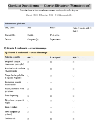 Checklist Quotidienne — Chariot Élévateur
