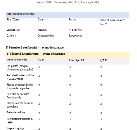 Checklist Quotidienne — Chariot Élévateur