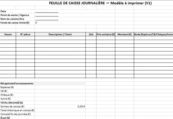 Feuille de caisse journalière : 4 modèles Word à imprimer + Modèle Excel