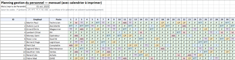 Planning du travail Excel gratuit avec heures + Calendrier coloré à afficher