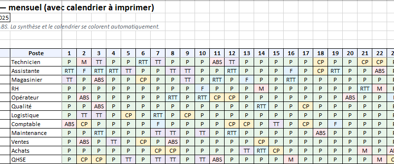 Planning du travail Excel gratuit avec heures + Calendrier coloré à afficher